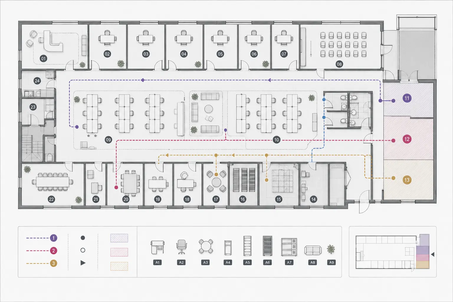 Illustrative two-dimensional facility outfitting plan with numbered spaces, asset zones, delivery phases, and route lines