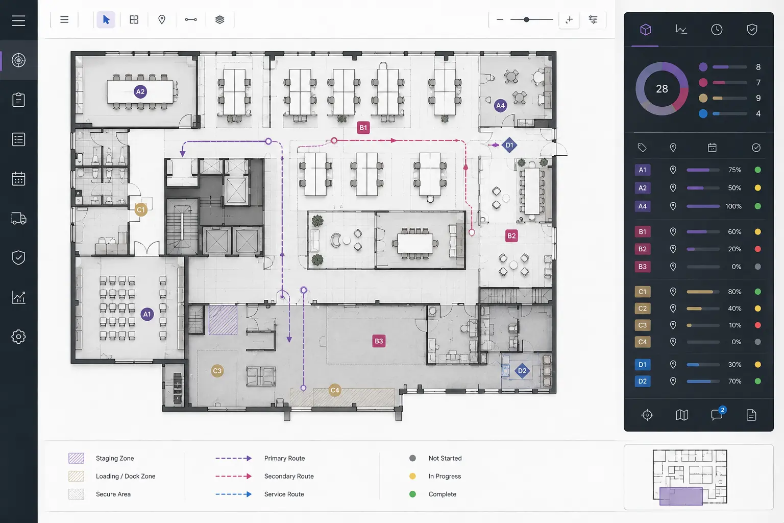 Illustrative two-dimensional office transition plan with room assignments, staging zones, routes, and completion status
